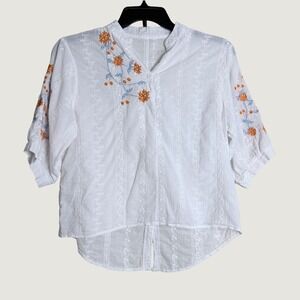 Embroidered Eyelet Blouse Women XL White Floral Boho Henley Cottagecore Peasant